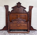 Antique Full Size Victorian Monumental Carved Walnut Burl Wood Bed