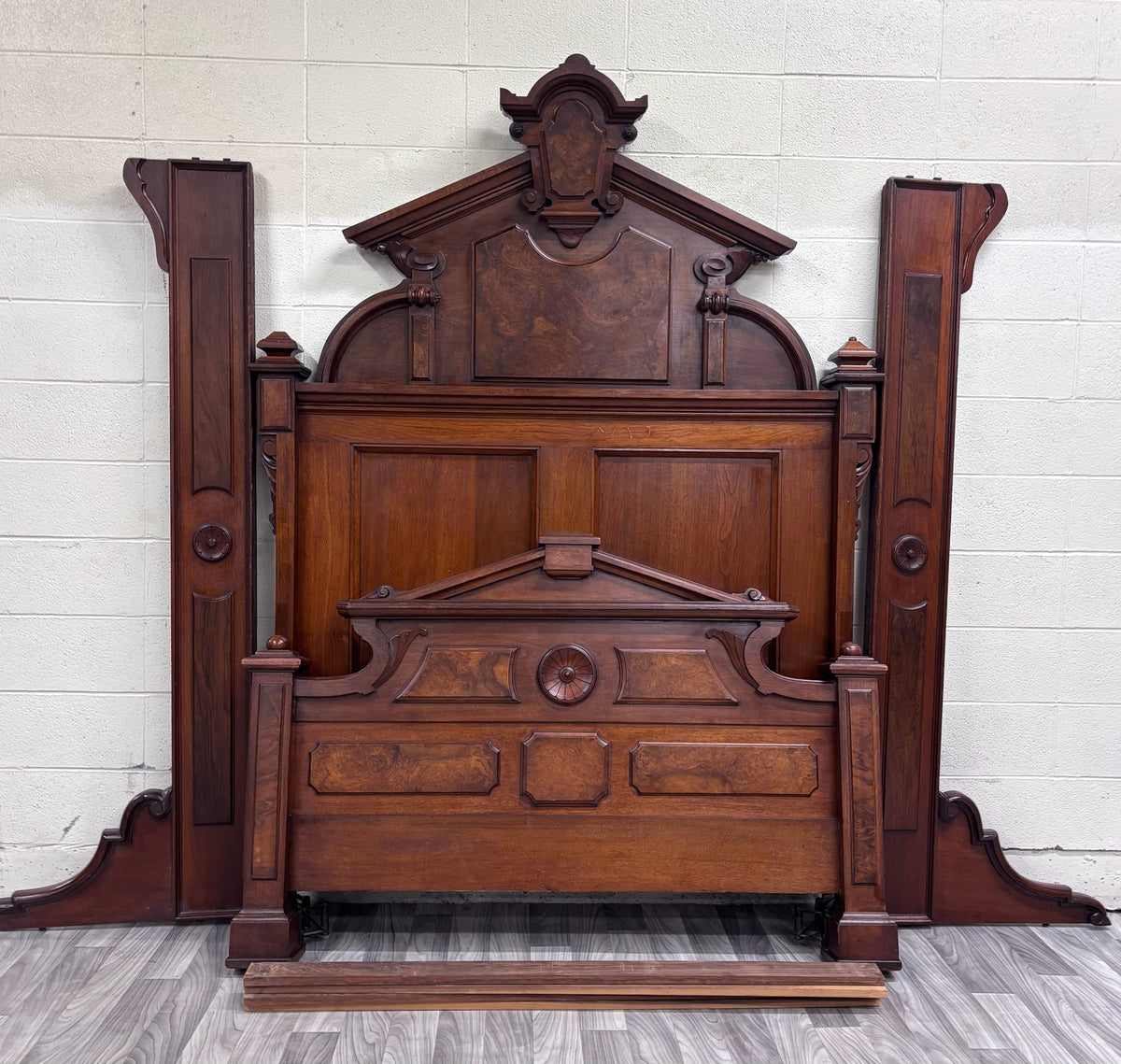 Antique Full Size Victorian Monumental Carved Walnut Burl Wood Bed