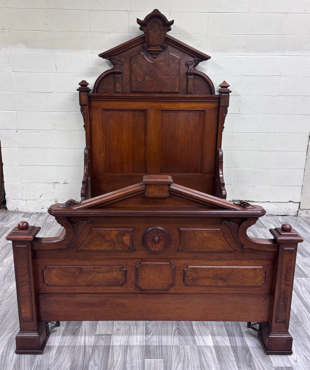 Antique Full Size Victorian Monumental Carved Walnut Burl Wood Bed