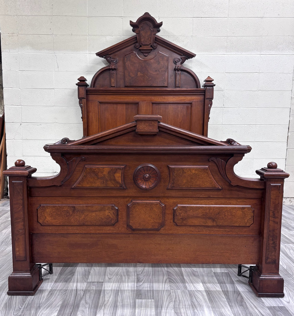 Antique Full Size Victorian Monumental Carved Walnut Burl Wood Bed