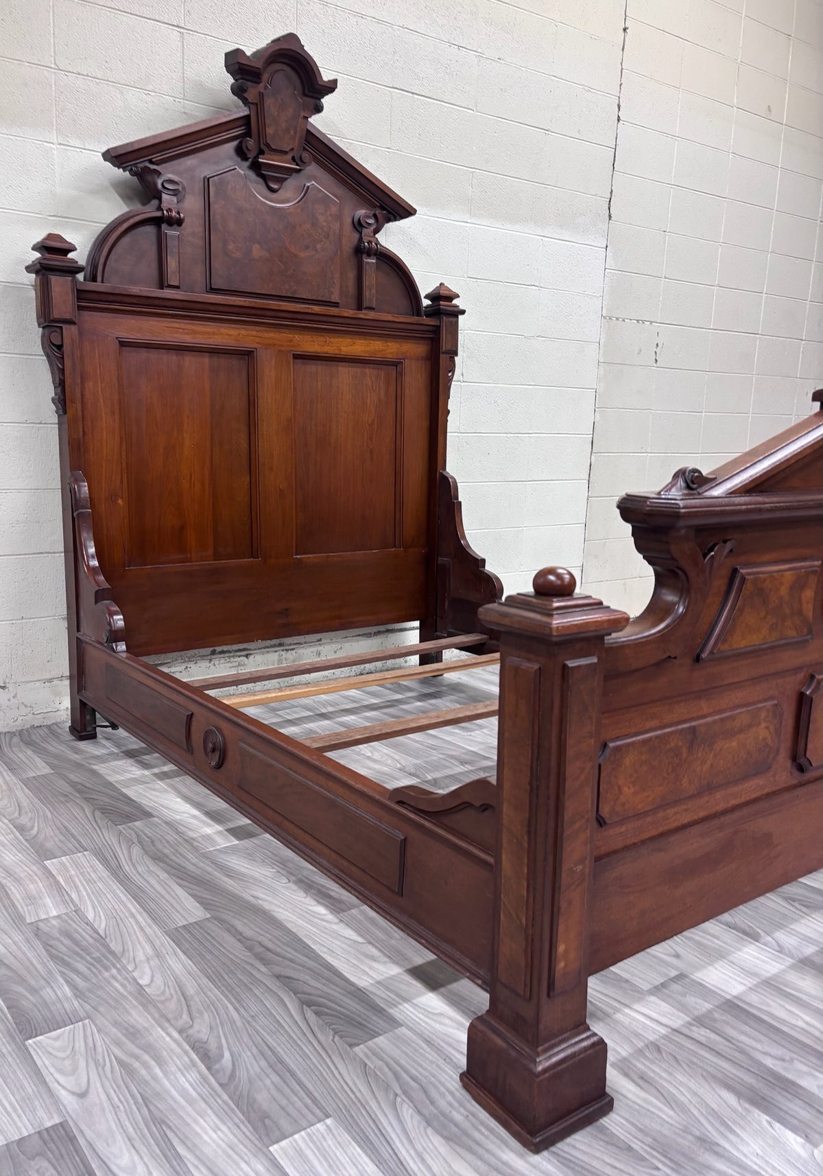 Antique Full Size Victorian Monumental Carved Walnut Burl Wood Bed
