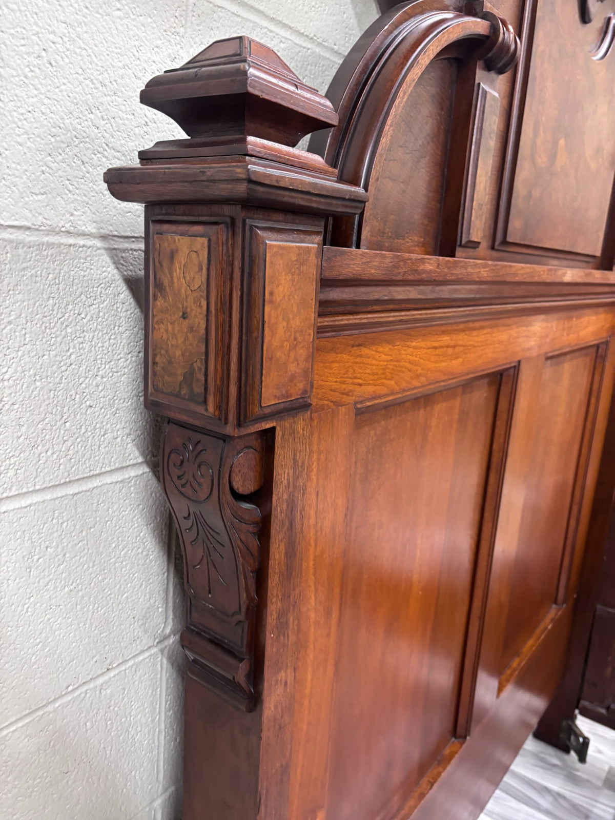 Antique Full Size Victorian Monumental Carved Walnut Burl Wood Bed