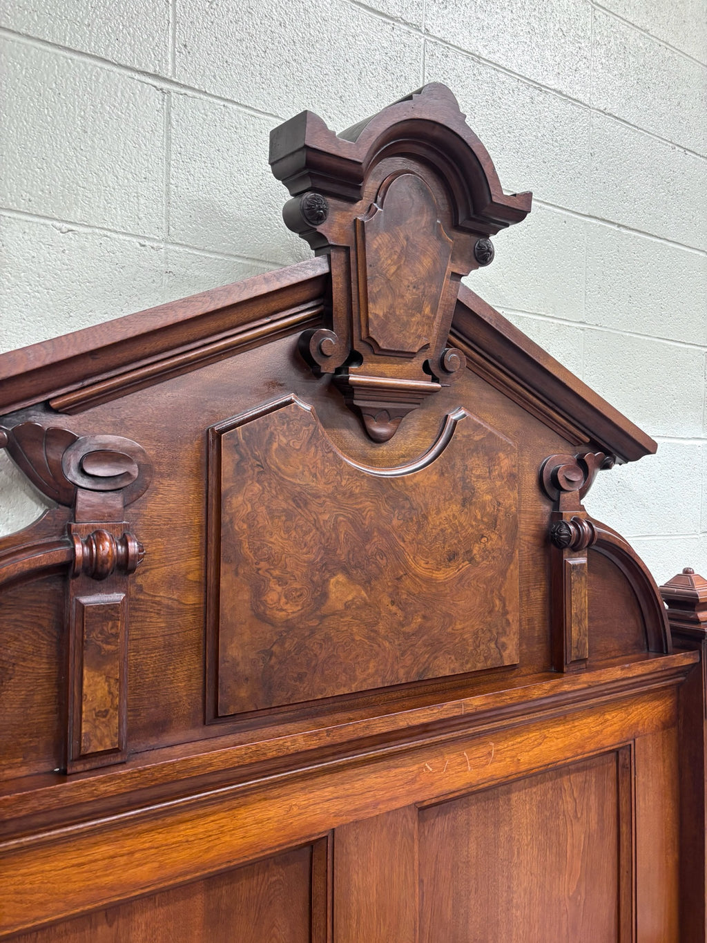 Antique Full Size Victorian Monumental Carved Walnut Burl Wood Bed
