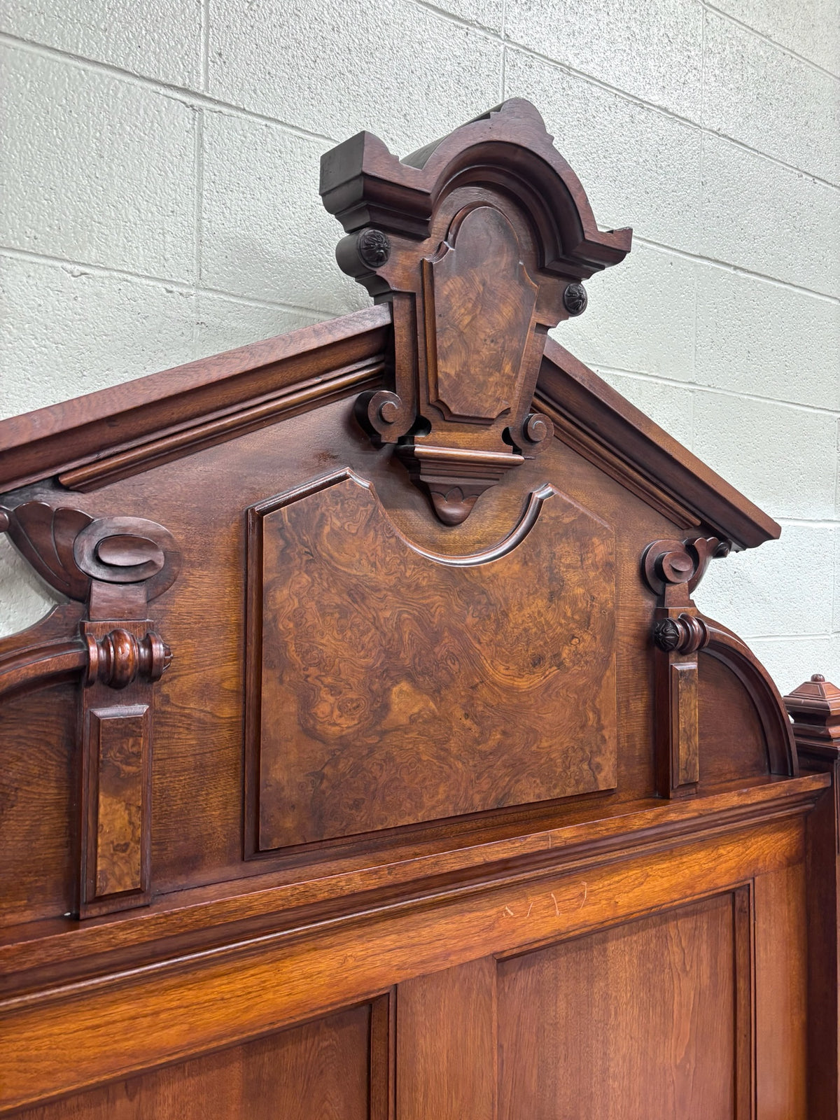 Antique Full Size Victorian Monumental Carved Walnut Burl Wood Bed