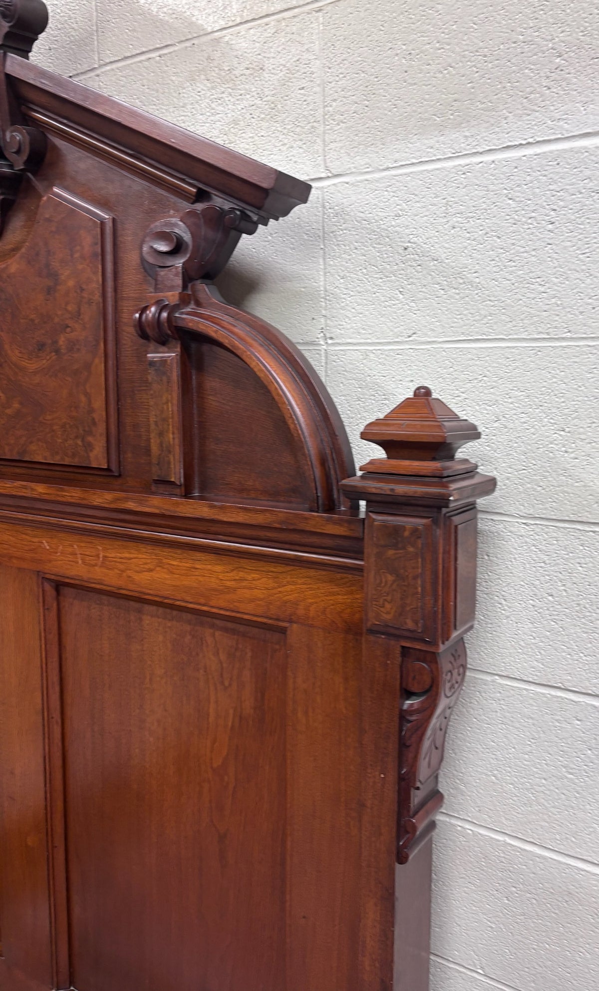 Antique Full Size Victorian Monumental Carved Walnut Burl Wood Bed