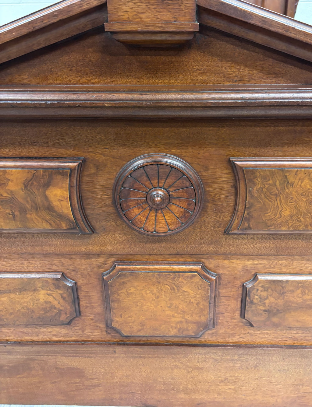 Antique Full Size Victorian Monumental Carved Walnut Burl Wood Bed
