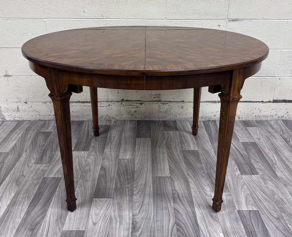 Vintage Drexel Passage Mahogany Sunburst Veneer Round Extension Dining Table