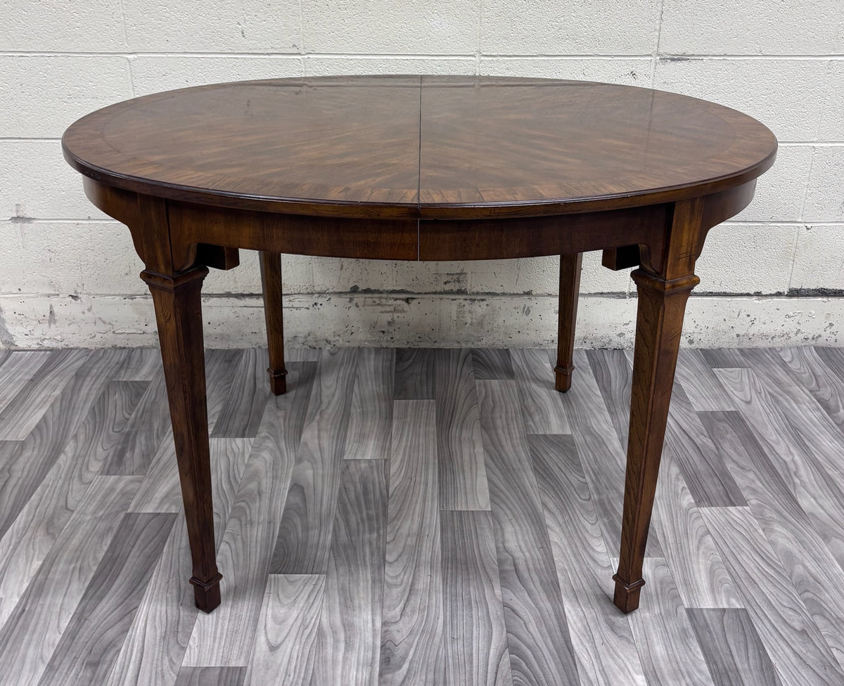 Vintage Drexel Passage Mahogany Sunburst Veneer Round Extension Dining Table