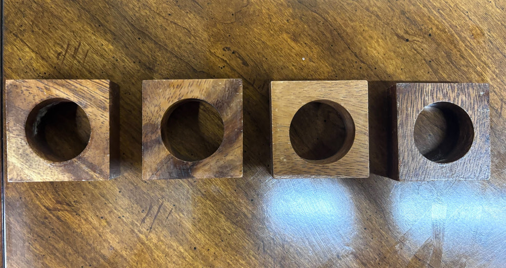 Vintage Solid Wood Square Napkin Rings - Set of 4