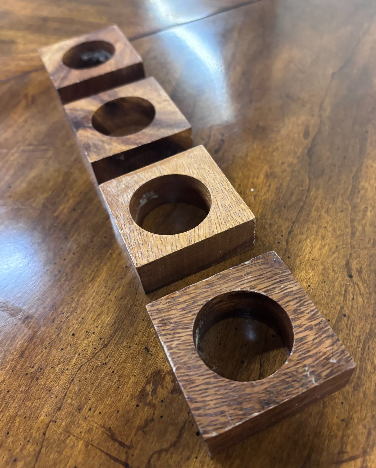 Vintage Solid Wood Square Napkin Rings - Set of 4