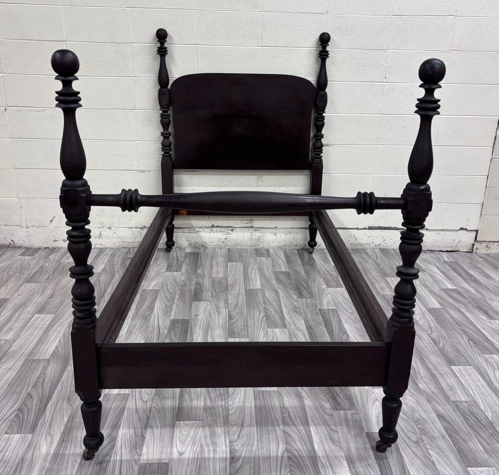 Antique Twin Size Victorian Cannonball Finial Spool & Bobbin Four Poster Bed