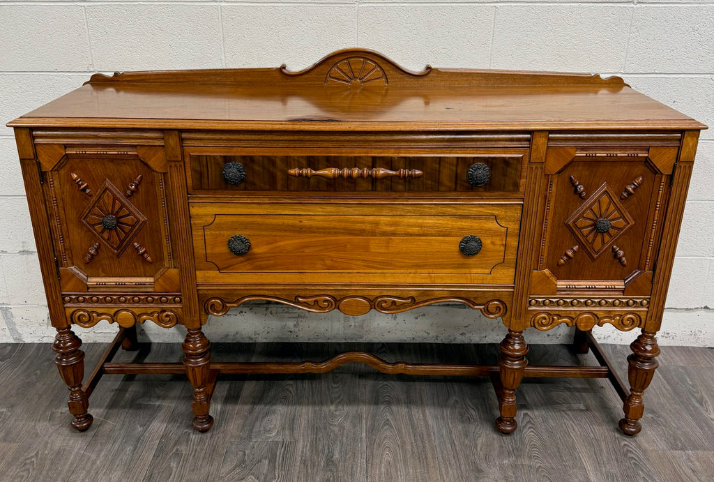 Vintage American Jacobean Tudor Revival Walnut Buffet Sideboard Server