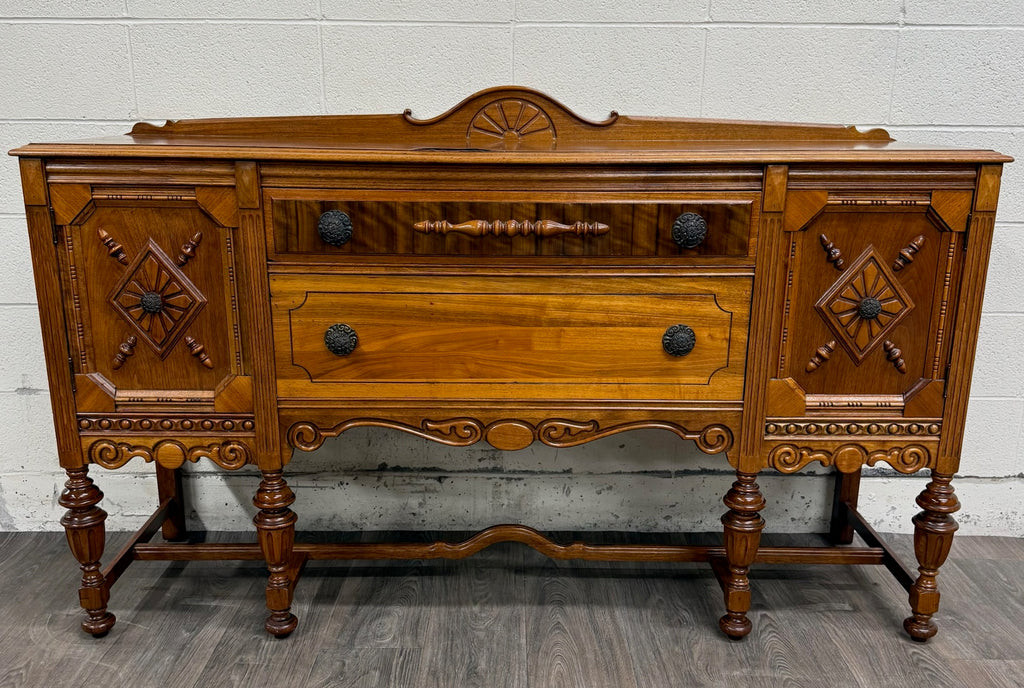 Vintage American Jacobean Tudor Revival Walnut Buffet Sideboard Server
