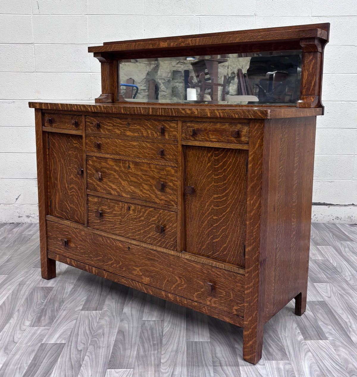 Antique American Mission Arts & Crafts Tiger Oak Sideboard Buffet Console