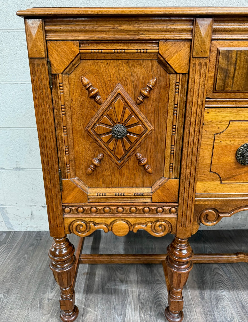 Vintage American Jacobean Tudor Revival Walnut Buffet Sideboard Server