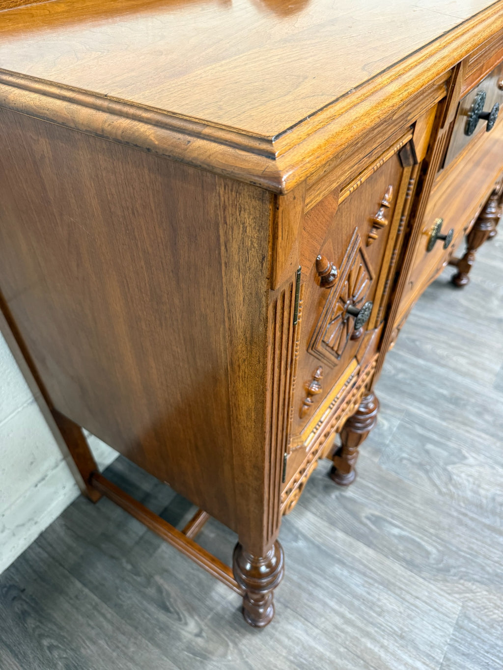 Vintage American Jacobean Tudor Revival Walnut Buffet Sideboard Server
