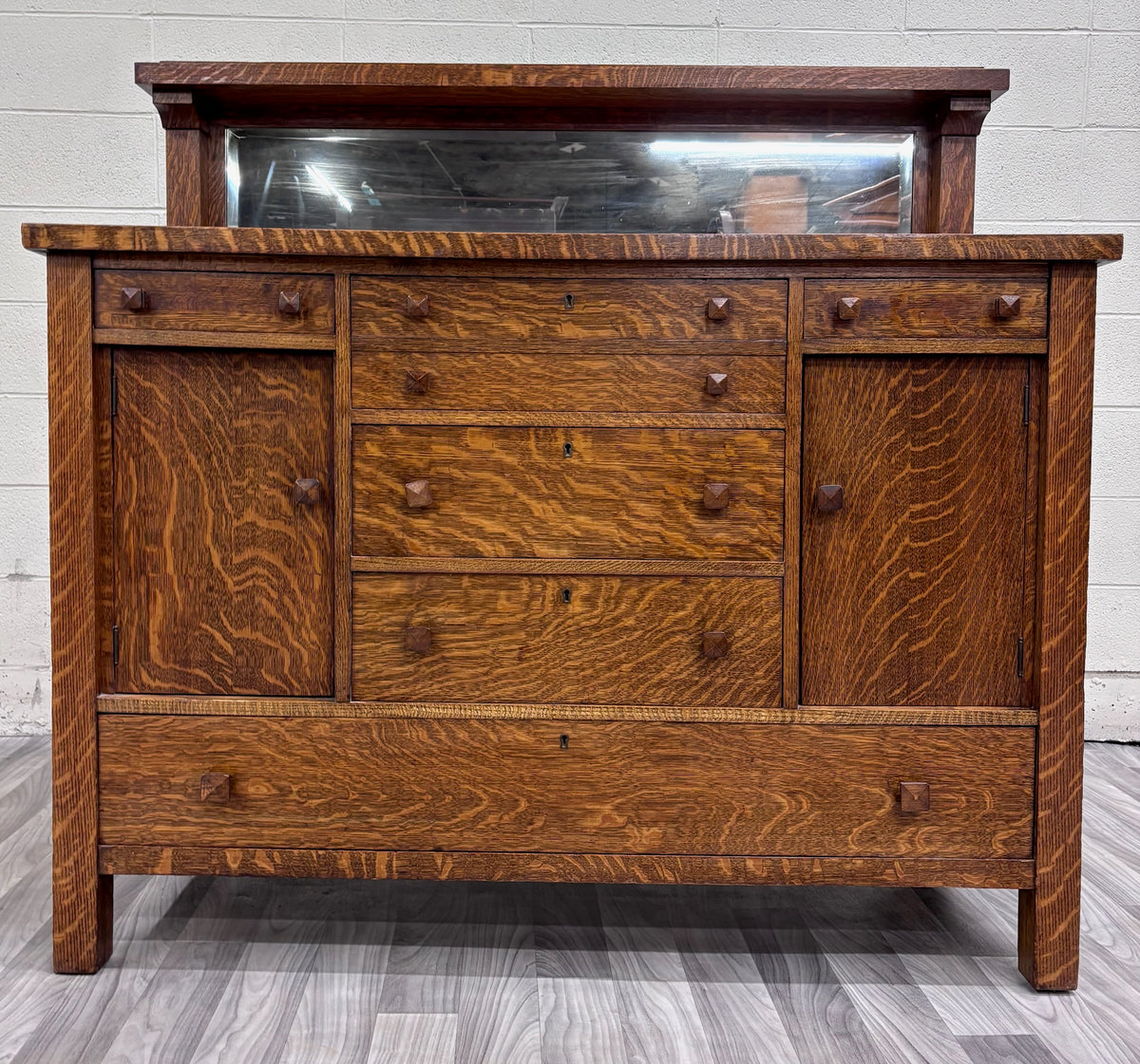 Antique American Mission Arts & Crafts Tiger Oak Sideboard Buffet Console