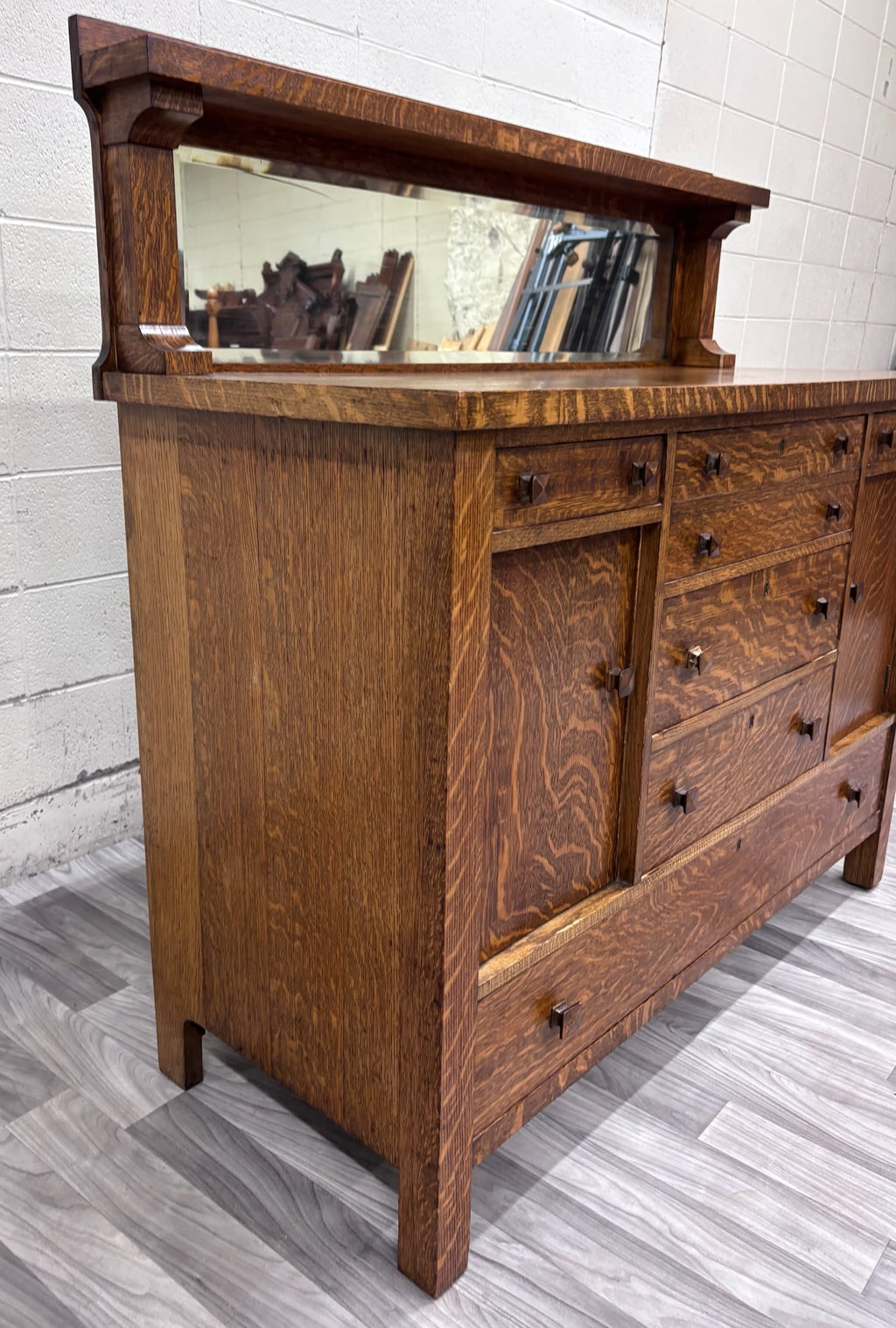 Antique American Mission Arts & Crafts Tiger Oak Sideboard Buffet Console