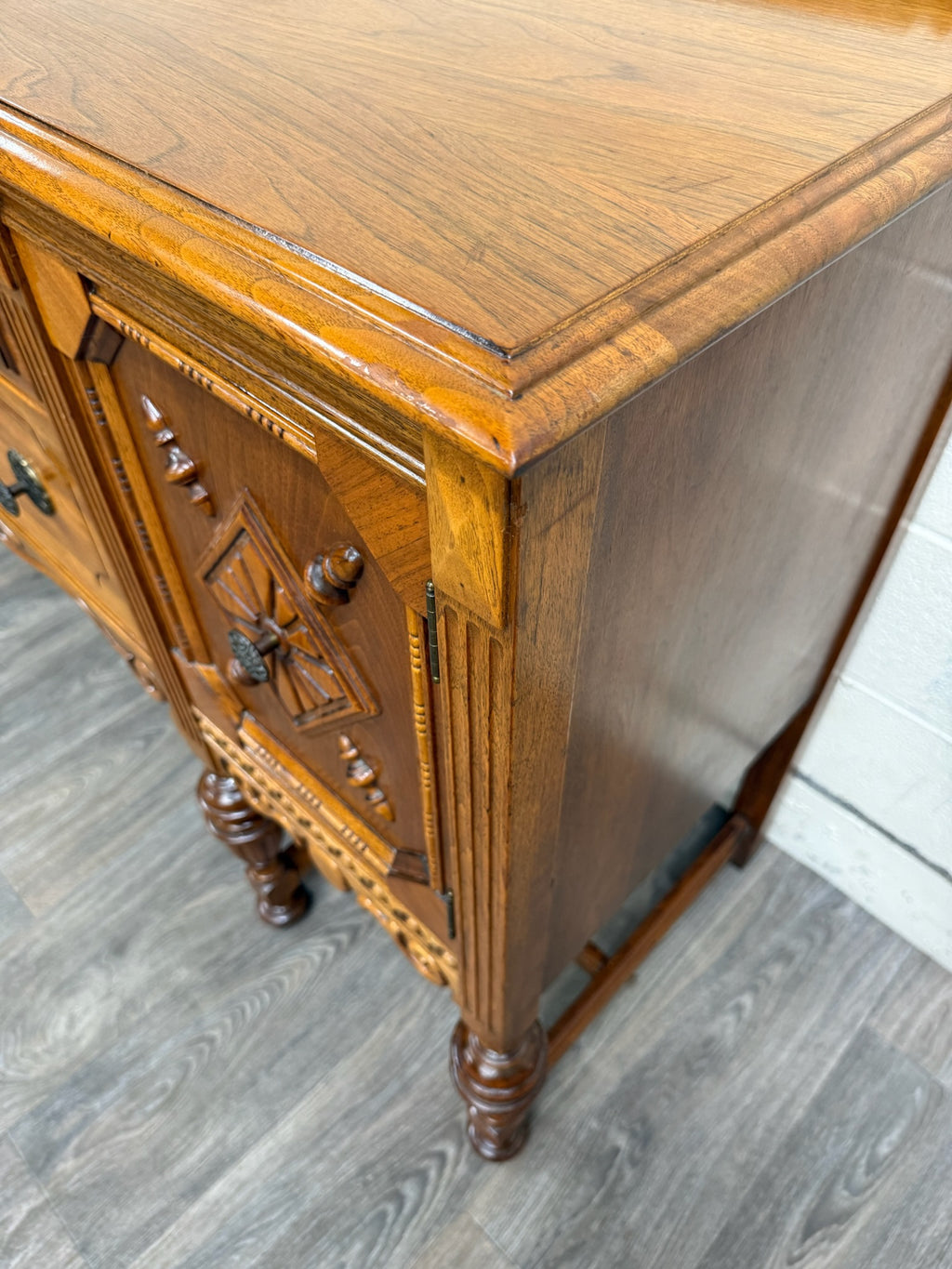 Vintage American Jacobean Tudor Revival Walnut Buffet Sideboard Server