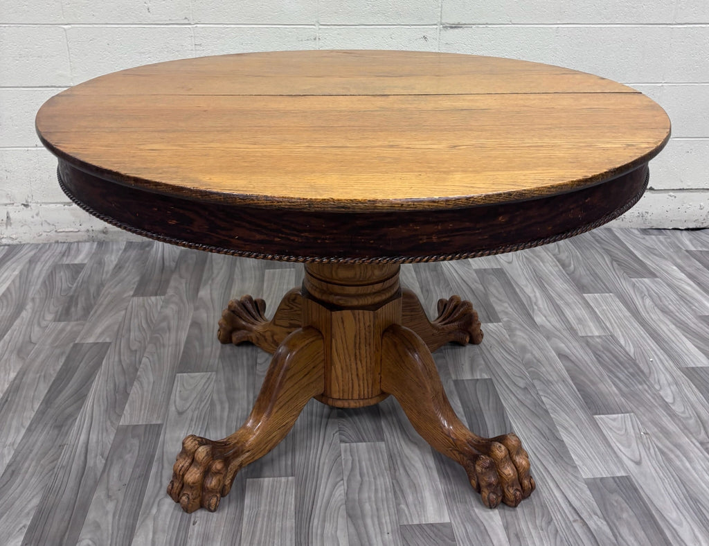 Antique Victorian 48 Inch Round Tiger Oak Claw Foot Pedestal Dining Table