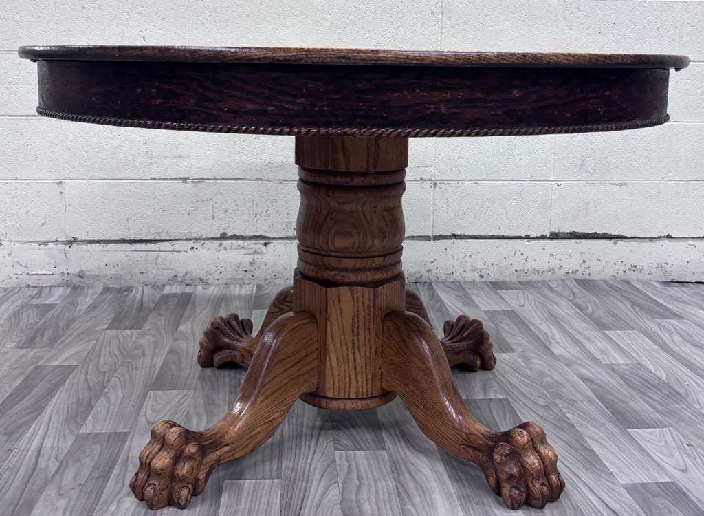 Antique Victorian 48 Inch Round Tiger Oak Claw Foot Pedestal Dining Table