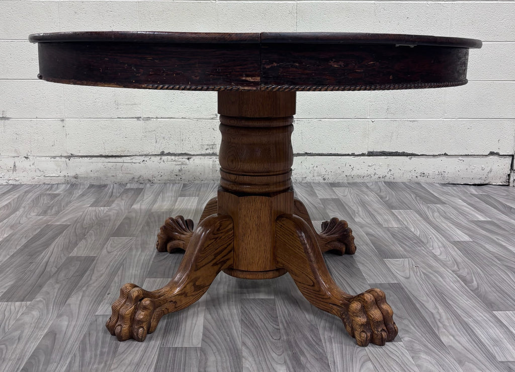 Antique Victorian 48 Inch Round Tiger Oak Claw Foot Pedestal Dining Table