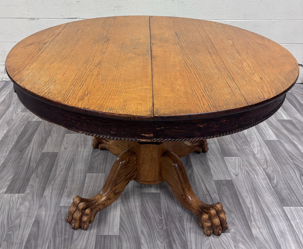 Antique Victorian 48 Inch Round Tiger Oak Claw Foot Pedestal Dining Table