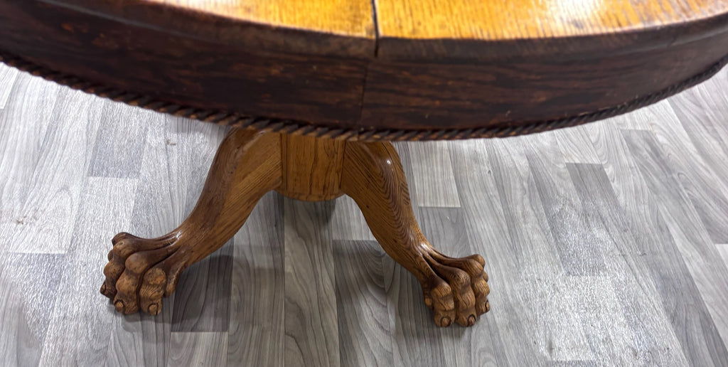 Antique Victorian 48 Inch Round Tiger Oak Claw Foot Pedestal Dining Table