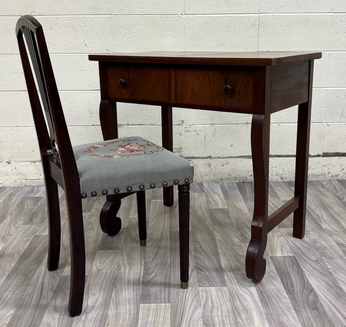 Antique American Empire Mahogany Writing Desk with Lyre Back Needlepoint Chair