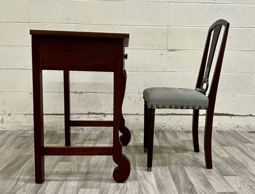 Antique American Empire Mahogany Writing Desk with Lyre Back Needlepoint Chair
