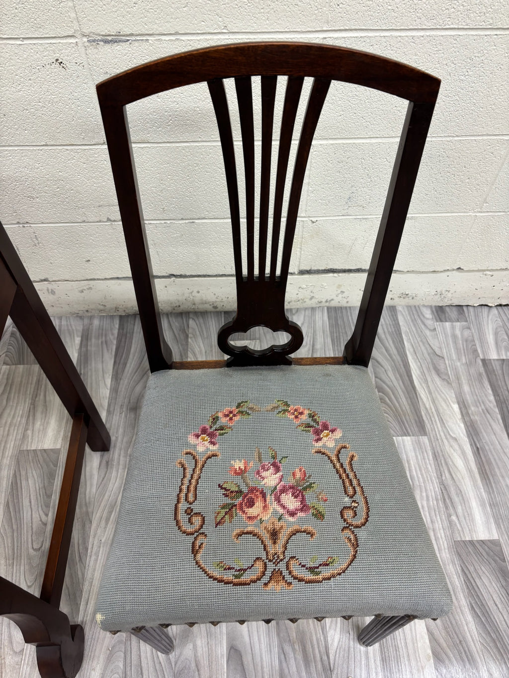 Antique American Empire Mahogany Writing Desk with Lyre Back Needlepoint Chair