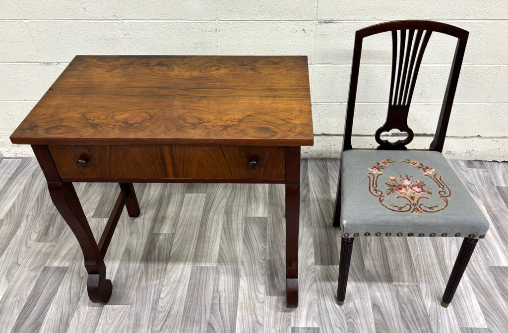 Antique American Empire Mahogany Writing Desk with Lyre Back Needlepoint Chair