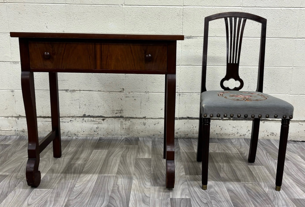 Antique American Empire Mahogany Writing Desk with Lyre Back Needlepoint Chair