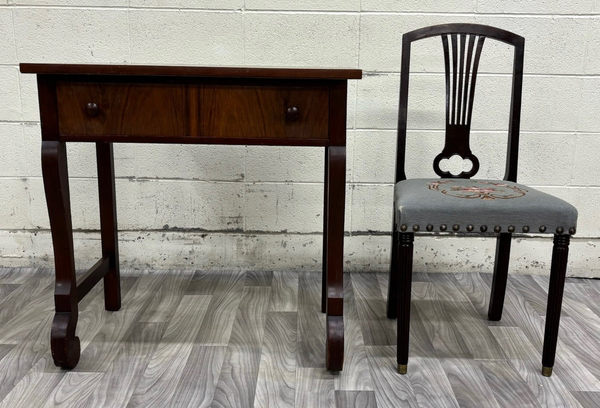 Antique American Empire Mahogany Writing Desk with Lyre Back Needlepoint Chair