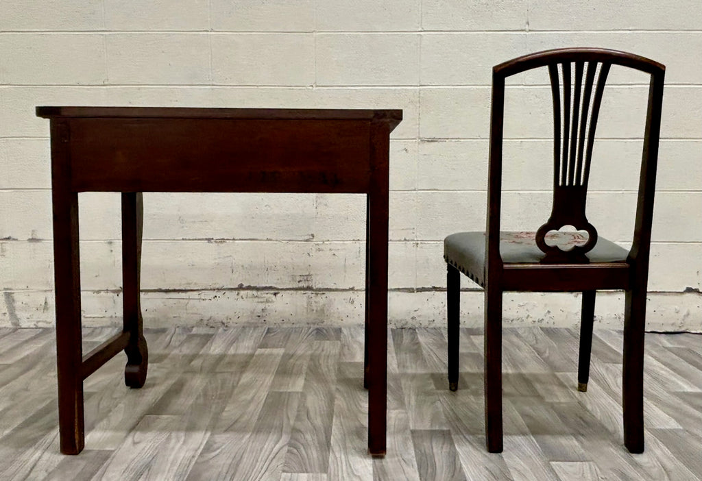 Antique American Empire Mahogany Writing Desk with Lyre Back Needlepoint Chair