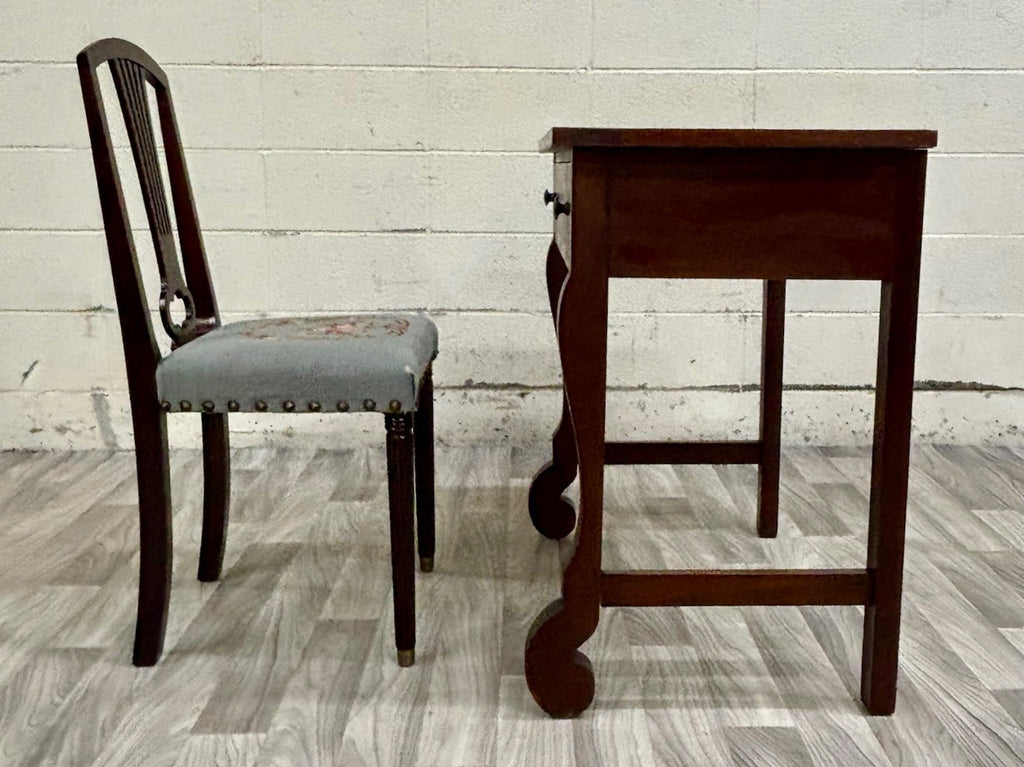 Antique American Empire Mahogany Writing Desk with Lyre Back Needlepoint Chair
