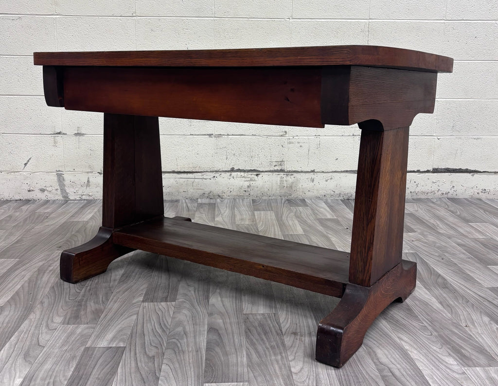 Antique Mission Oak Trestle Pedestal Base Library Table Console Hall Table
