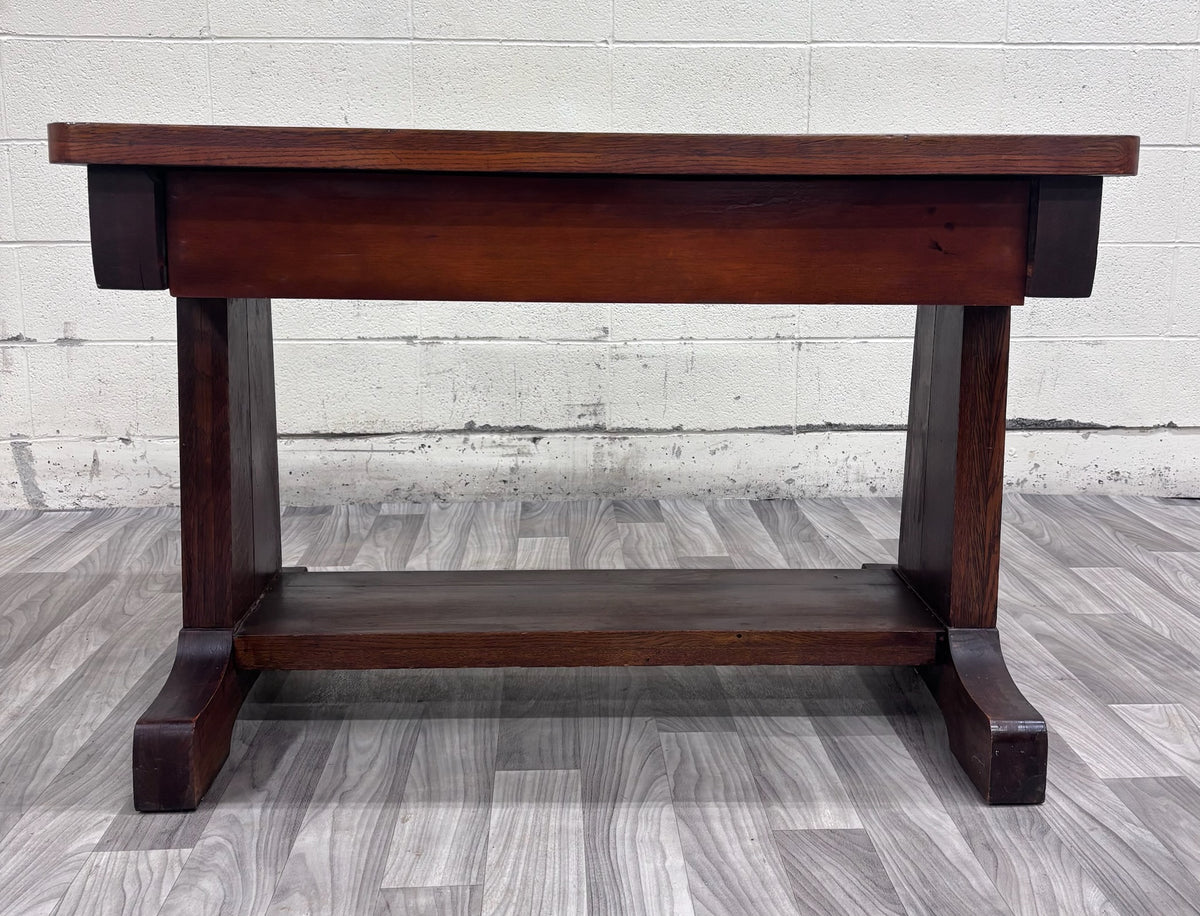 Antique Mission Oak Trestle Pedestal Base Library Table Console Hall Table