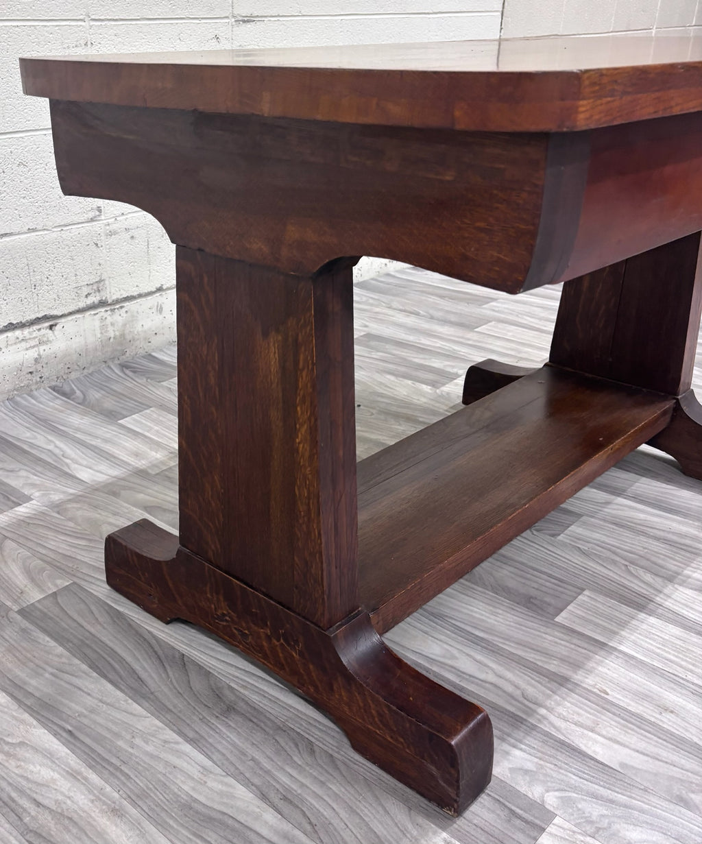 Antique Mission Oak Trestle Pedestal Base Library Table Console Hall Table
