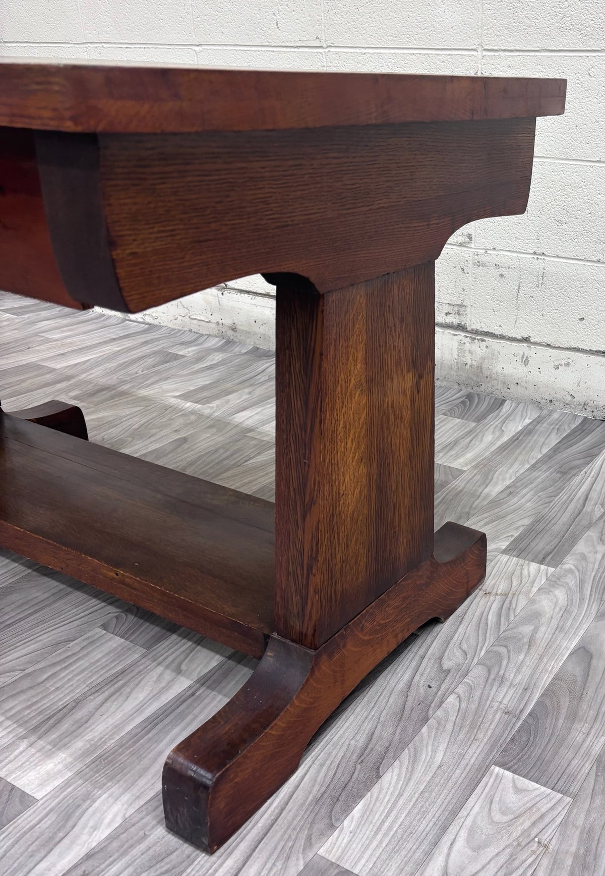 Antique Mission Oak Trestle Pedestal Base Library Table Console Hall Table