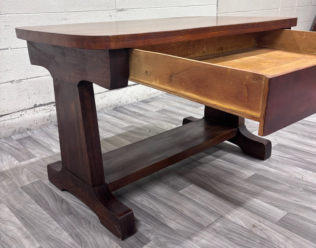 Antique Mission Oak Trestle Pedestal Base Library Table Console Hall Table