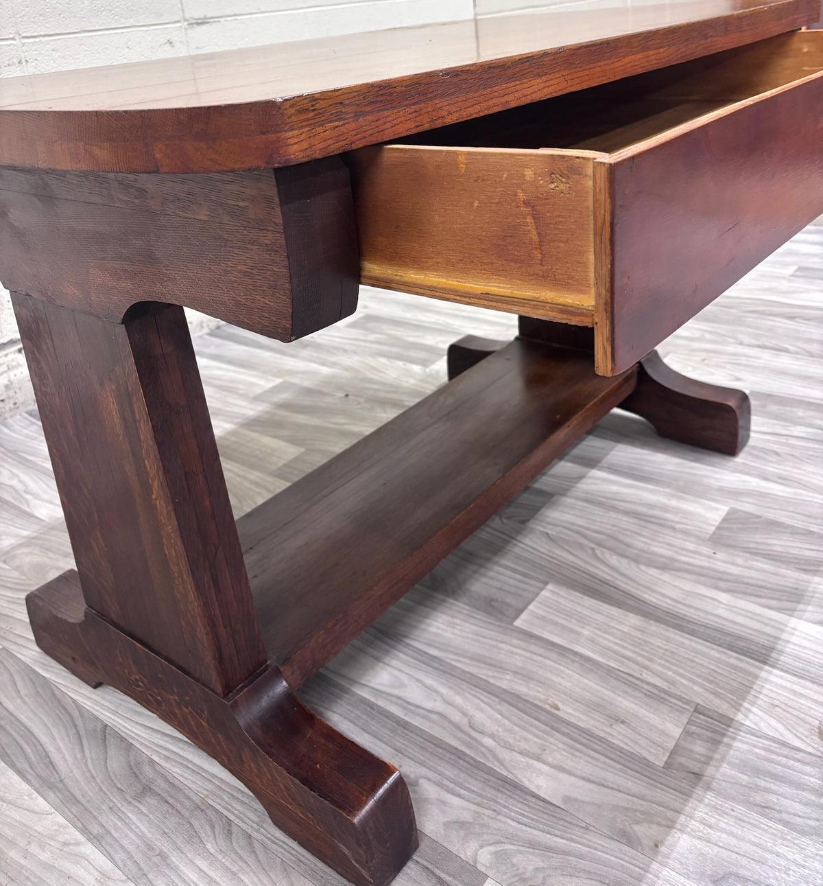 Antique Mission Oak Trestle Pedestal Base Library Table Console Hall Table