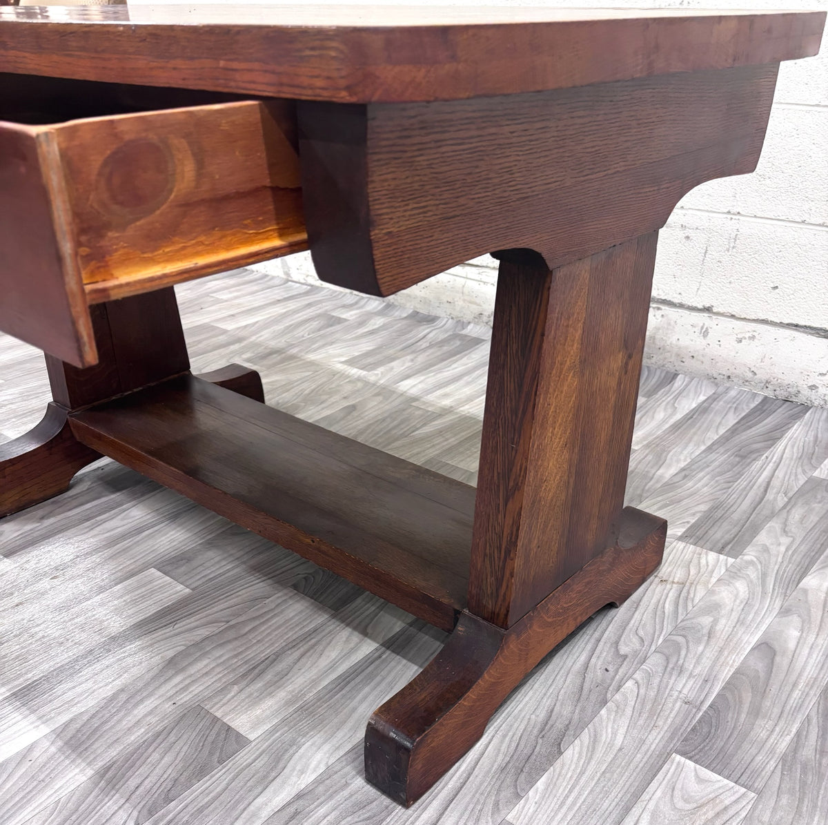 Antique Mission Oak Trestle Pedestal Base Library Table Console Hall Table