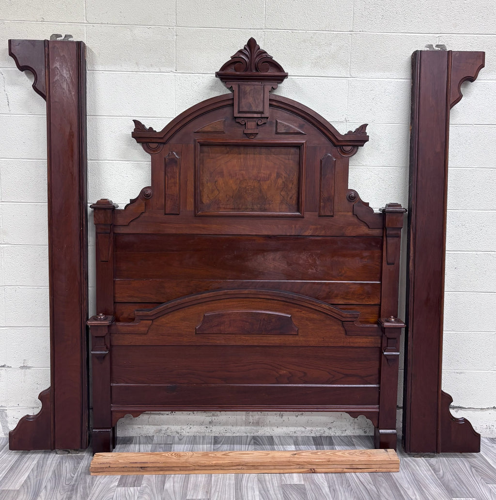Antique Full Size Monumental Victorian Renaissance Revival Walnut Burl Wood Bed