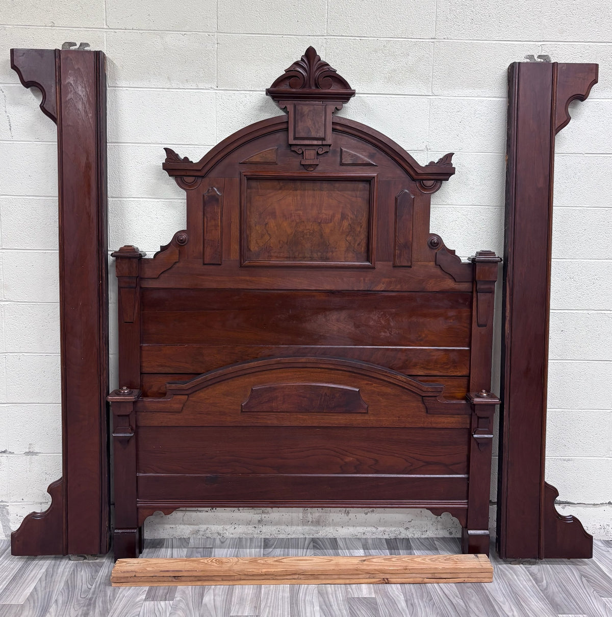 Antique Full Size Monumental Victorian Renaissance Revival Walnut Burl Wood Bed