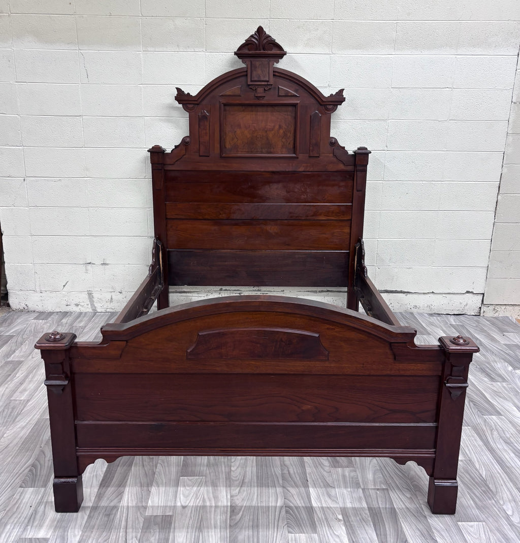 Antique Full Size Monumental Victorian Renaissance Revival Walnut Burl Wood Bed