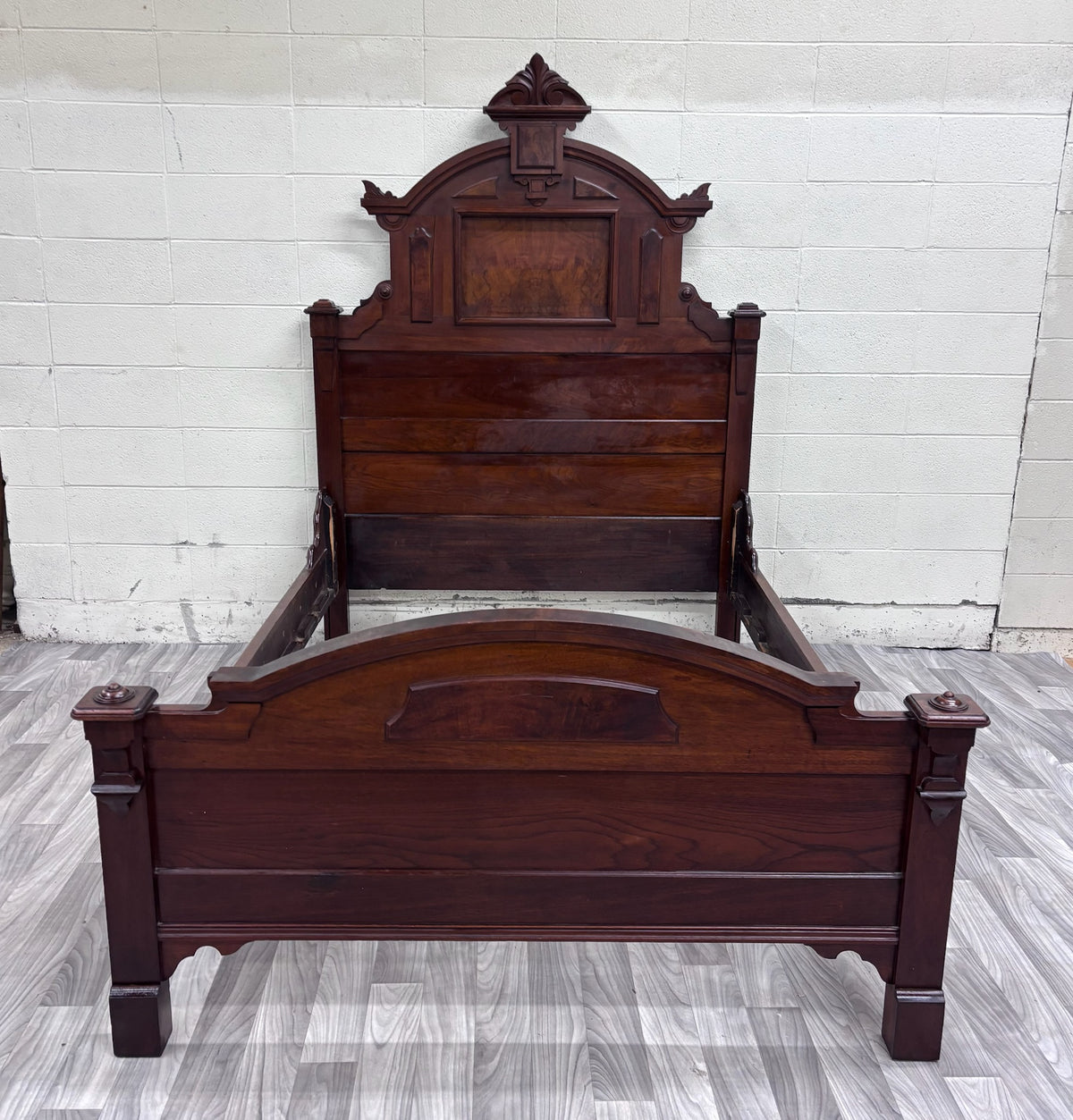 Antique Full Size Monumental Victorian Renaissance Revival Walnut Burl Wood Bed