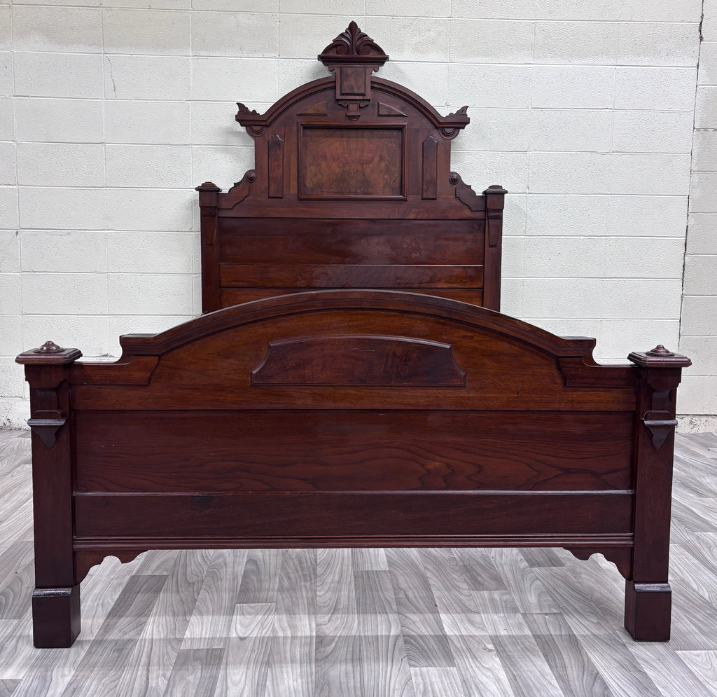 Antique Full Size Monumental Victorian Renaissance Revival Walnut Burl Wood Bed