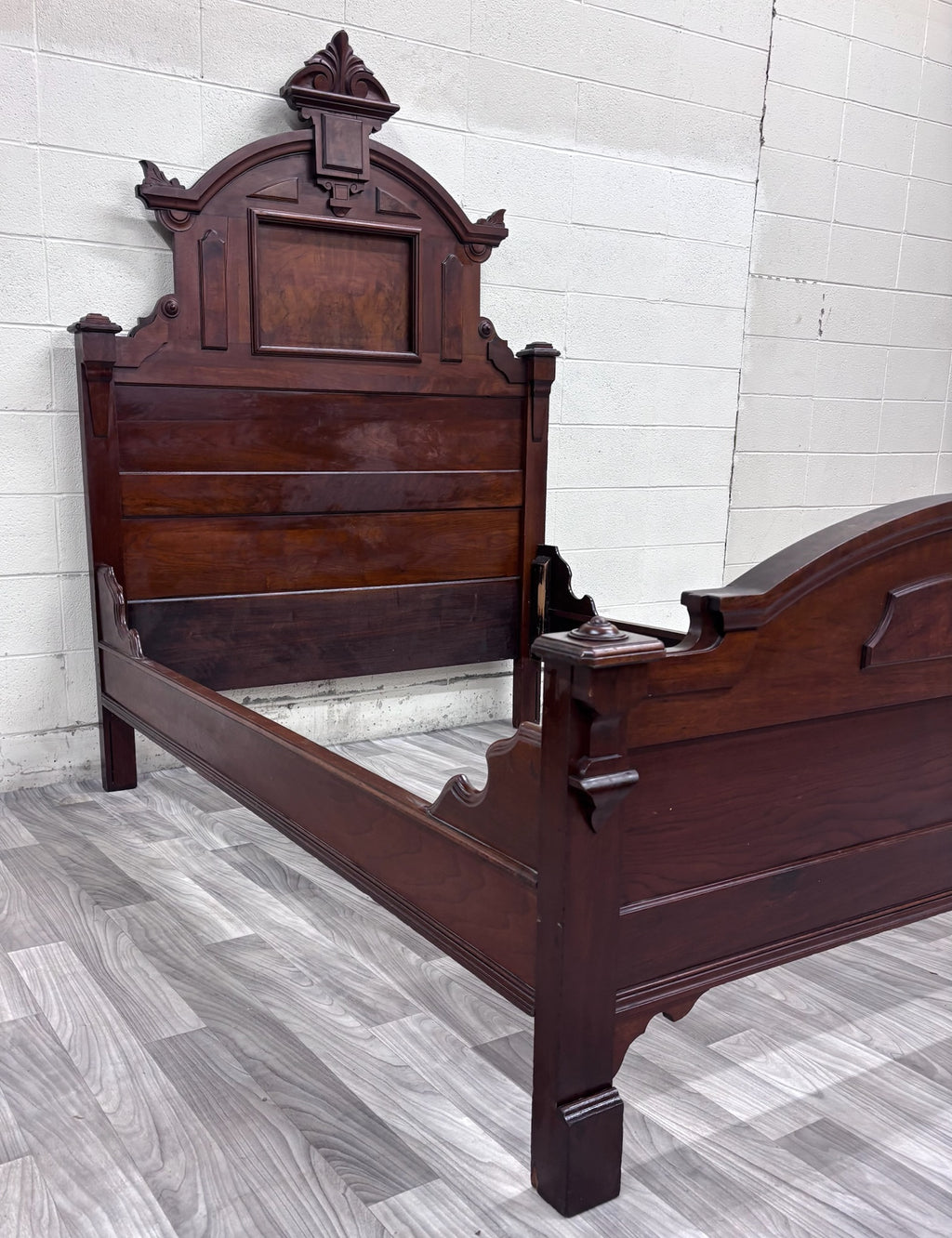 Antique Full Size Monumental Victorian Renaissance Revival Walnut Burl Wood Bed