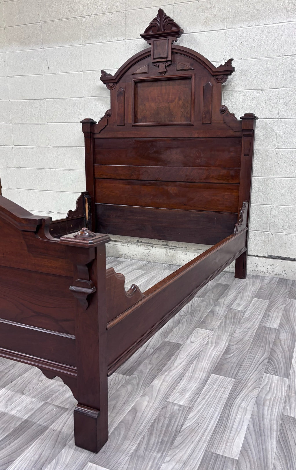 Antique Full Size Monumental Victorian Renaissance Revival Walnut Burl Wood Bed